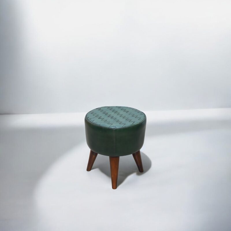 Green Leather Round Stool With Wooden Legs