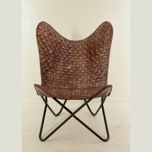 img_5769 Handcrafted Strip Leather Butterfly Chair With Iron Stand - Image 1