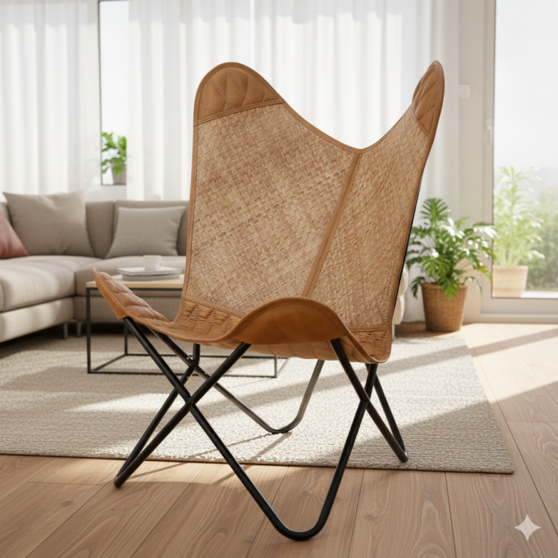 Handcrafted Goat Leather & Cane Butterfly chair