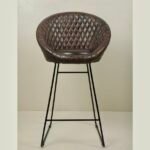 Diamond-Quilted Brown Leather Bar Chair with Sleek Black Iron Base - Image 2
