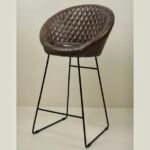 Diamond-Quilted Brown Leather Bar Chair with Sleek Black Iron Base